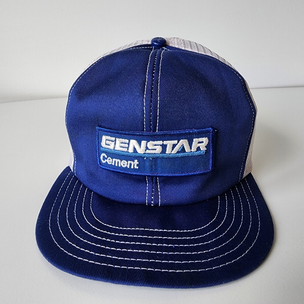 Vintage Genstar Cement Trucker Hat Mesh Cap Snap Back Patch Logo‎ Blue White 80s